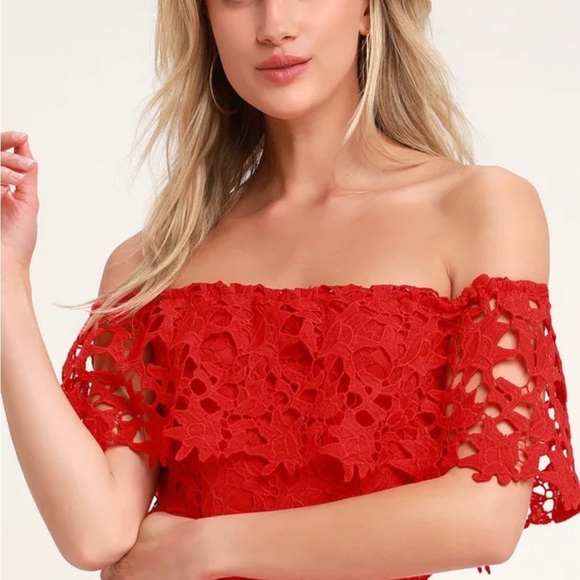 Lulus Genevieve Red Off-the-Shoulder Lace Dress - Picture 3 of 8